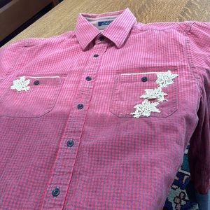 Artist up-cycled long sleeve M shirt. 100% cotton lace, beads, graphic, dyed.